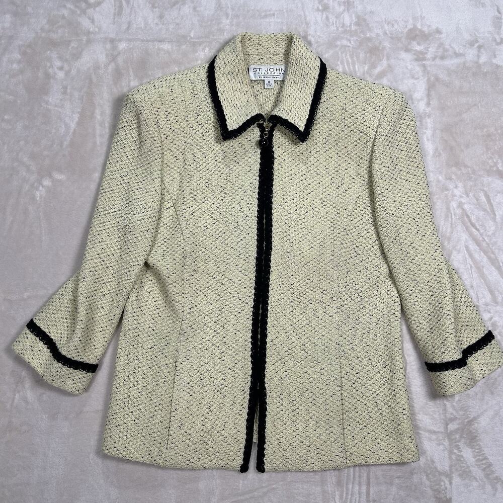 St John Collection Marie Gray Zip Cardigan Sweater Jacket Green Beige Size 10